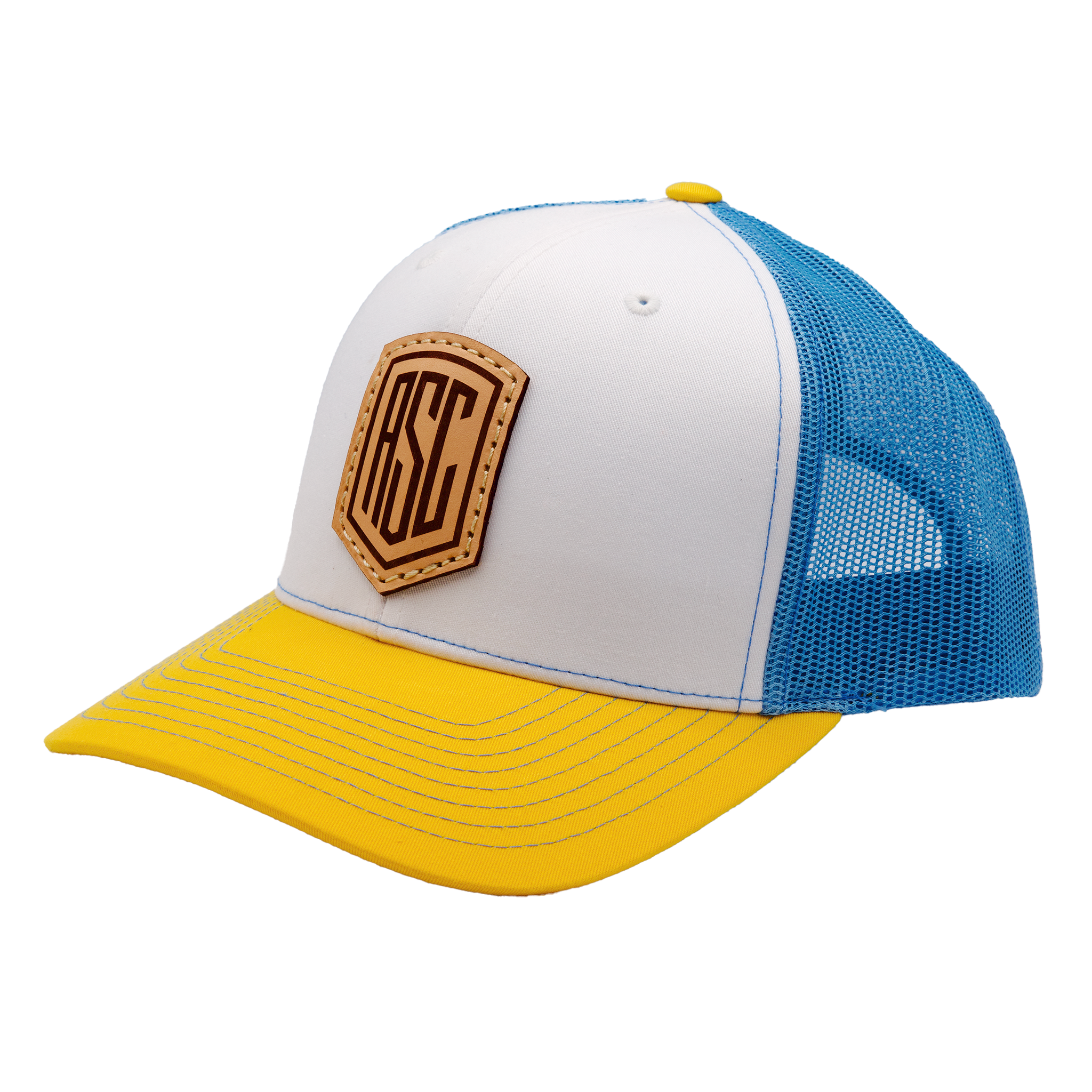 Yellow and White Trucker Hat Richardson 112 LKN Leather Patch Hat - White/Columbia Blue  main image 2